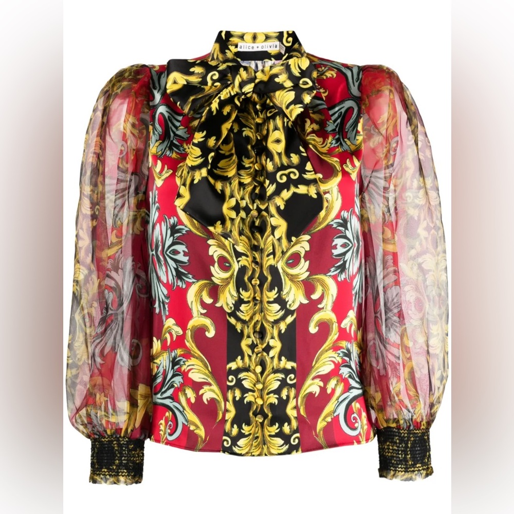 Alice & Olivia  Women's Red and Gold Baroque Print Blouse NWOT $395 retail - Picture 5 of 14